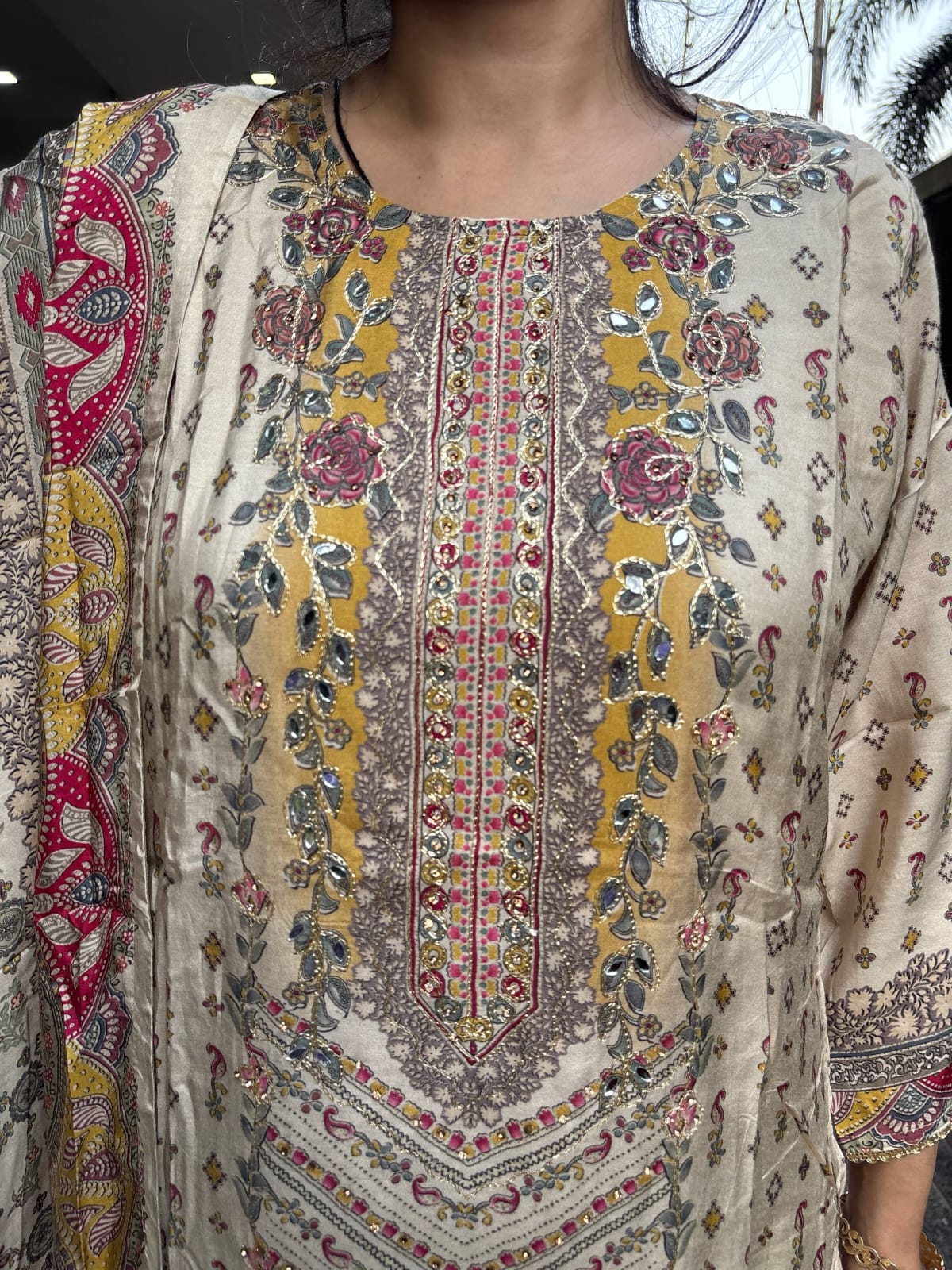Cream Premium Muslin Printed Kurta Set with Dupatta