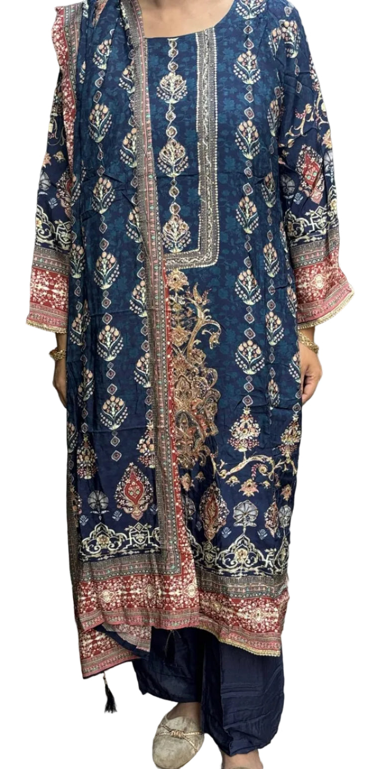 Navy Blue Ethnic Suit Premium Muslin Printed Kurta Set with Dupatta