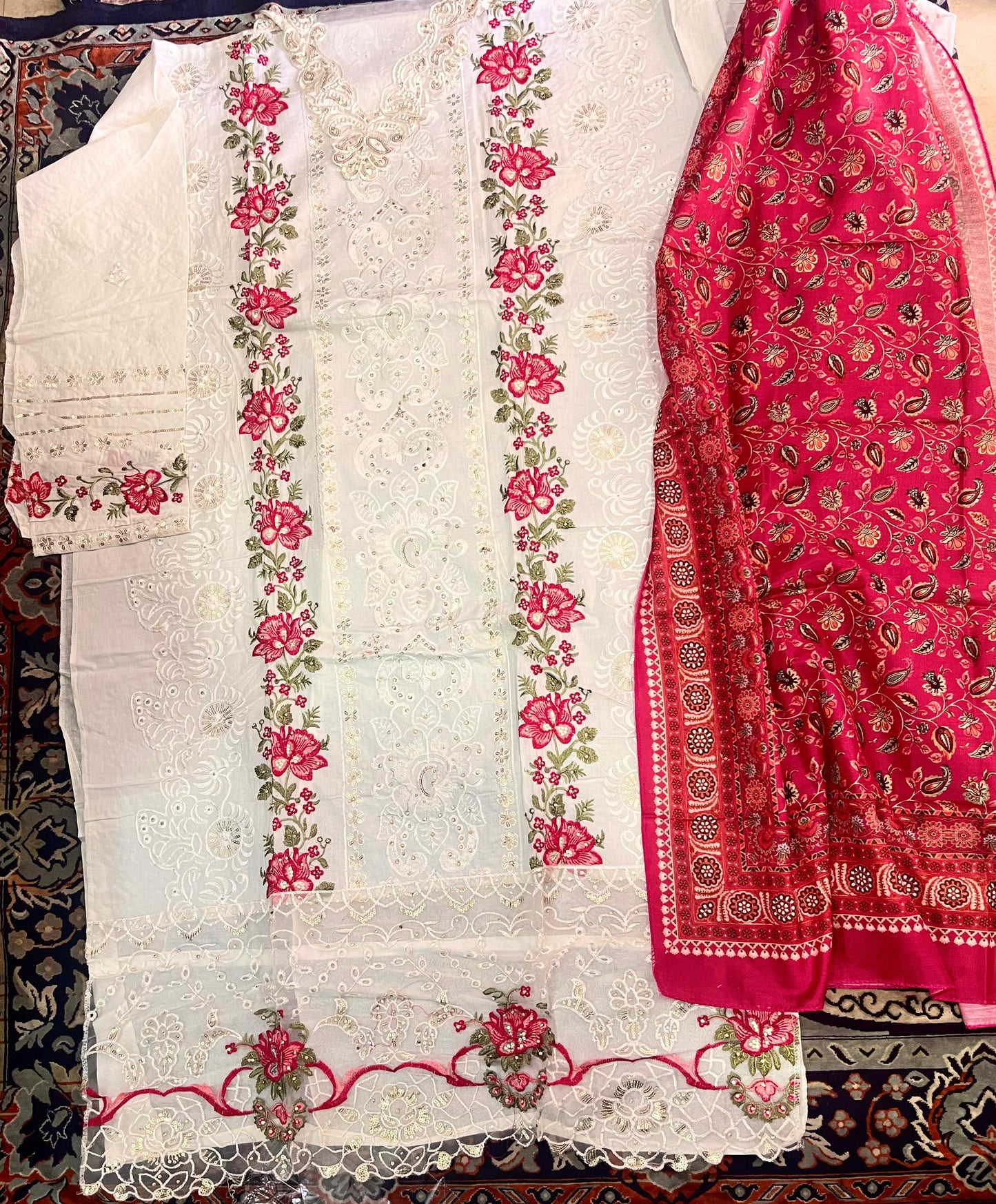 Unstitched White Embroidered Cotton Suit Set
