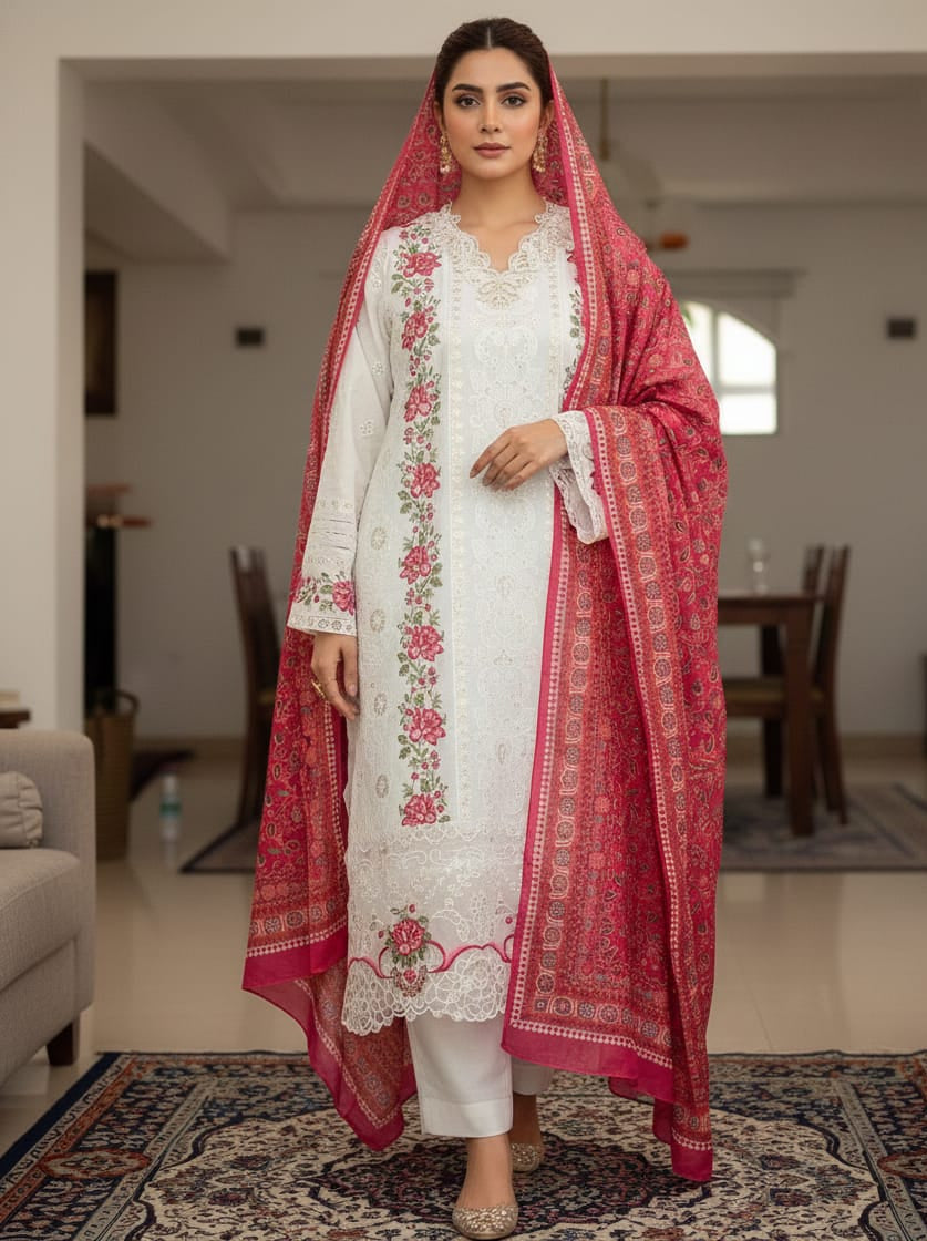 Unstitched White Embroidered Cotton Suit Set