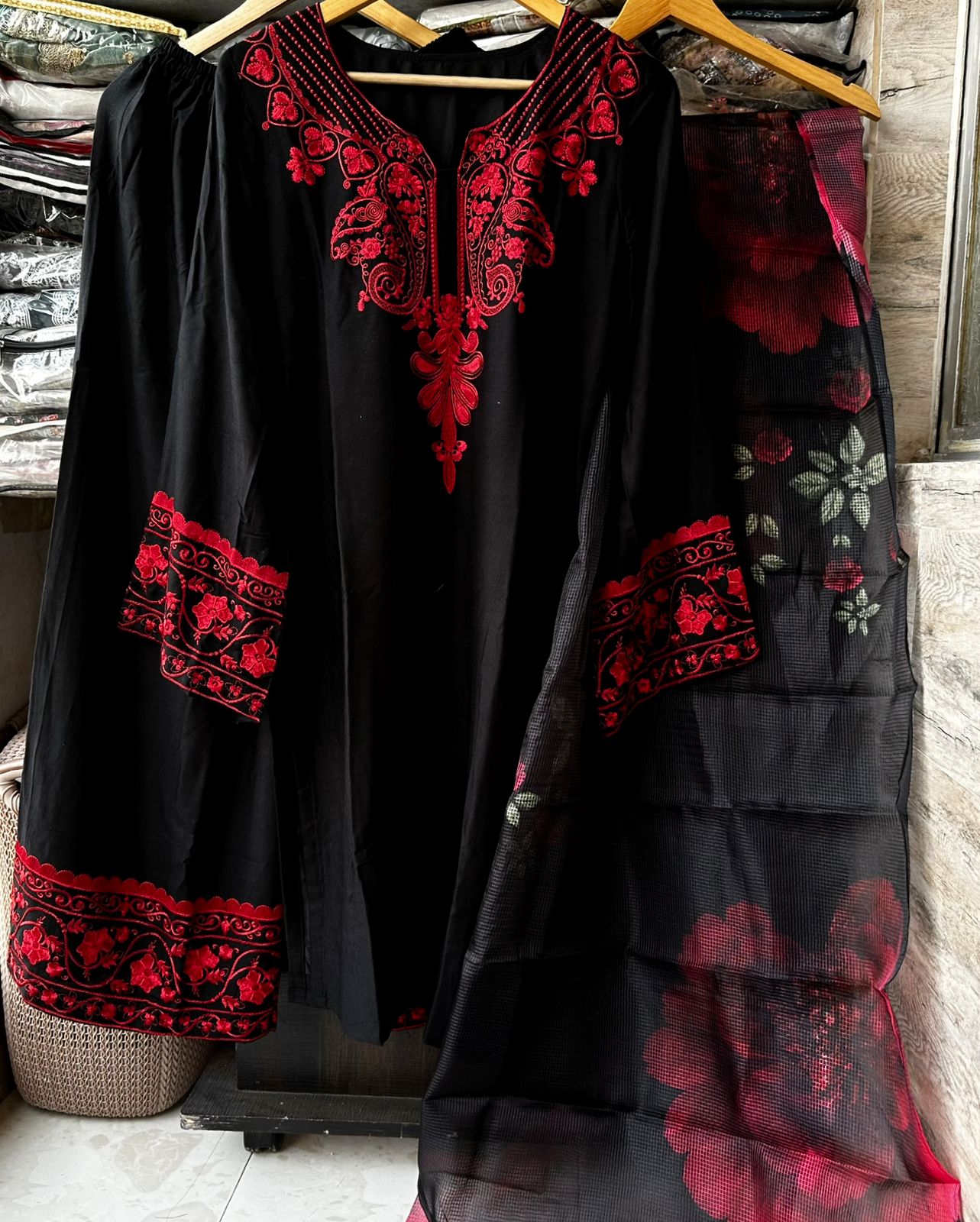 Black Red Embroidered Farshi Kurta Set with Floral Dupatta