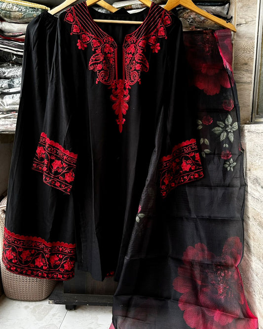 Black Red Embroidered Farshi Kurta Set with Floral Dupatta