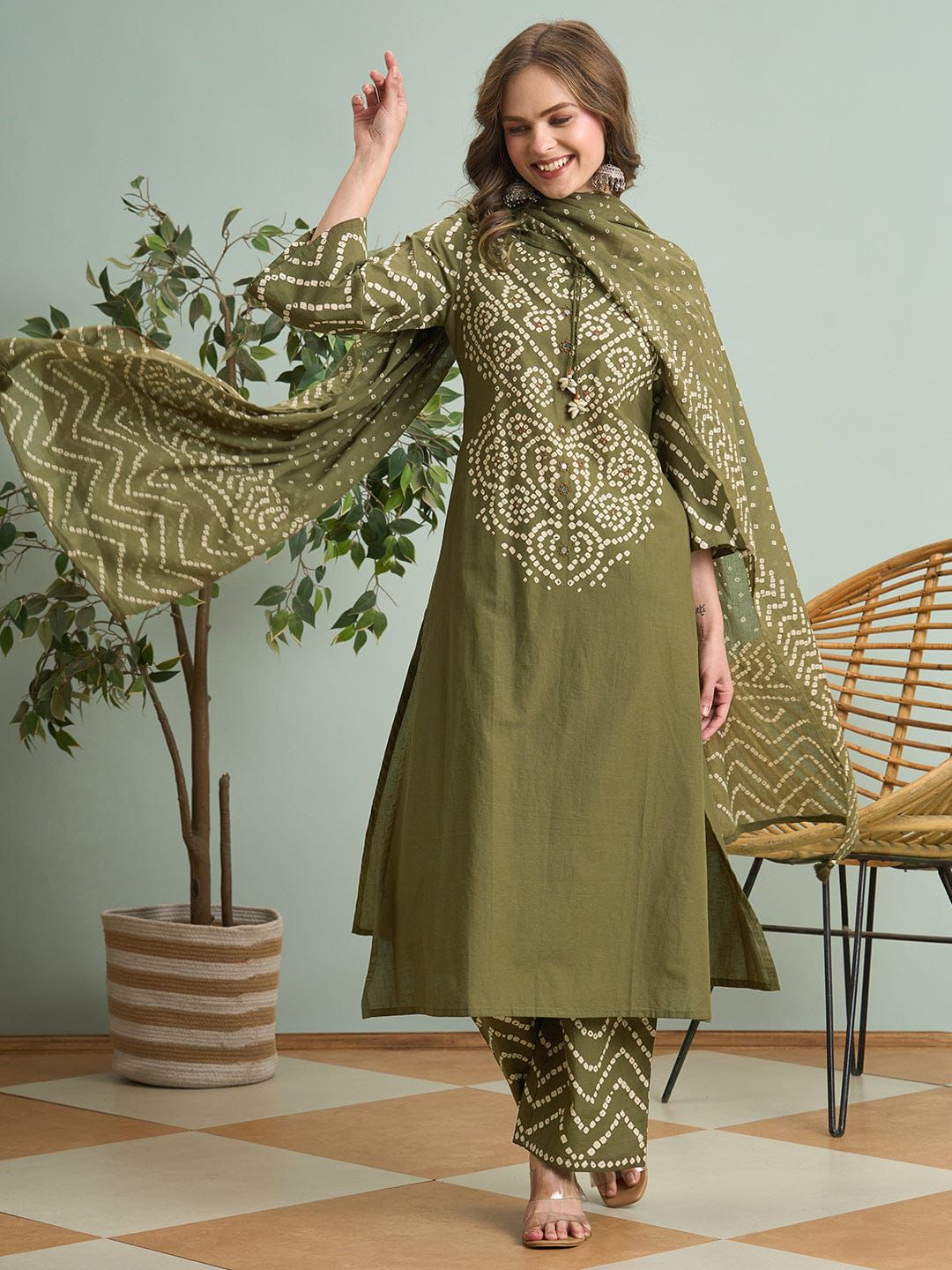 Olive Green Cotton Bandhani Kurti Pant Dupatta Set with Pocket