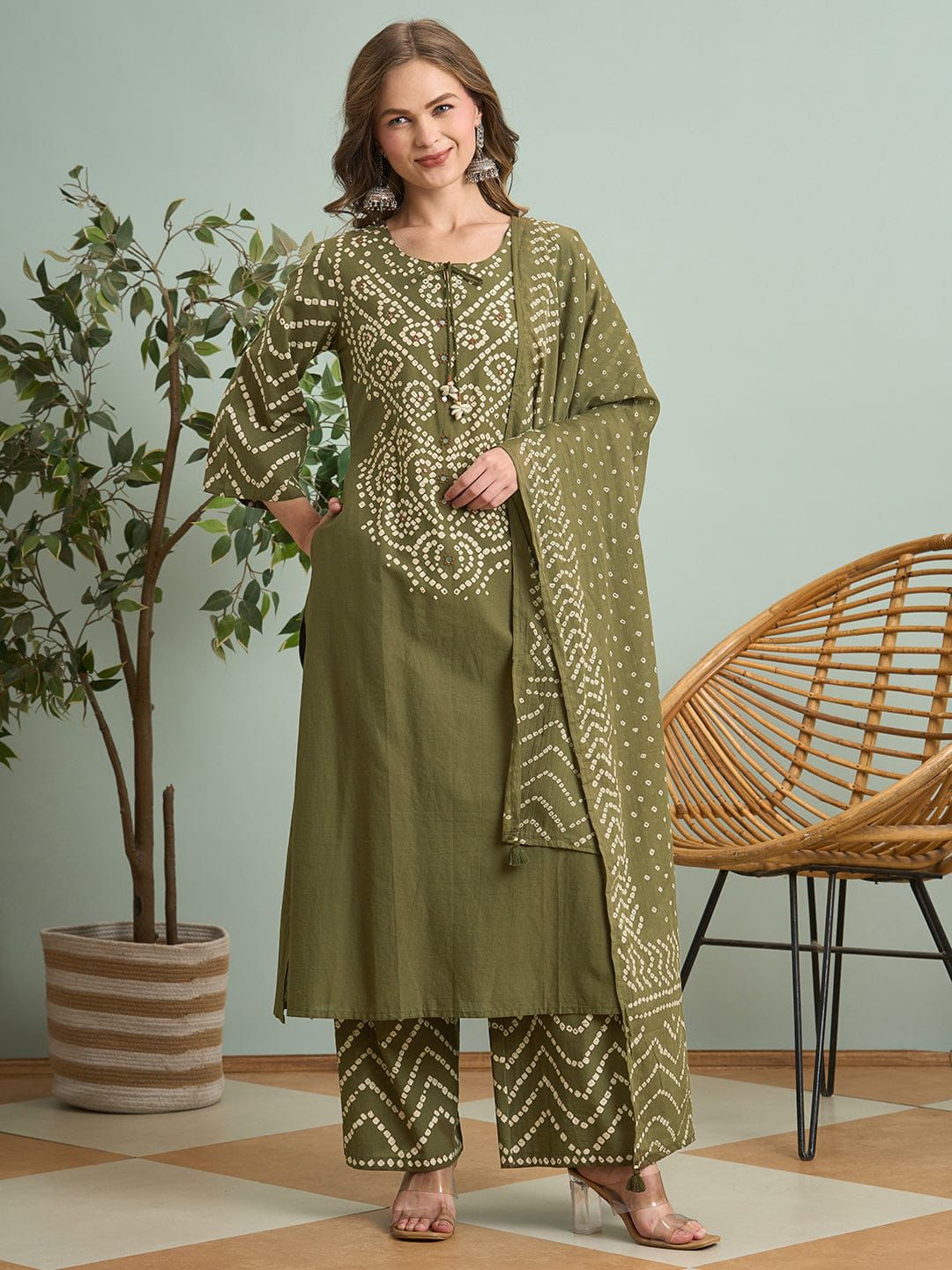 Olive Green Cotton Bandhani Kurti Pant Dupatta Set with Pocket