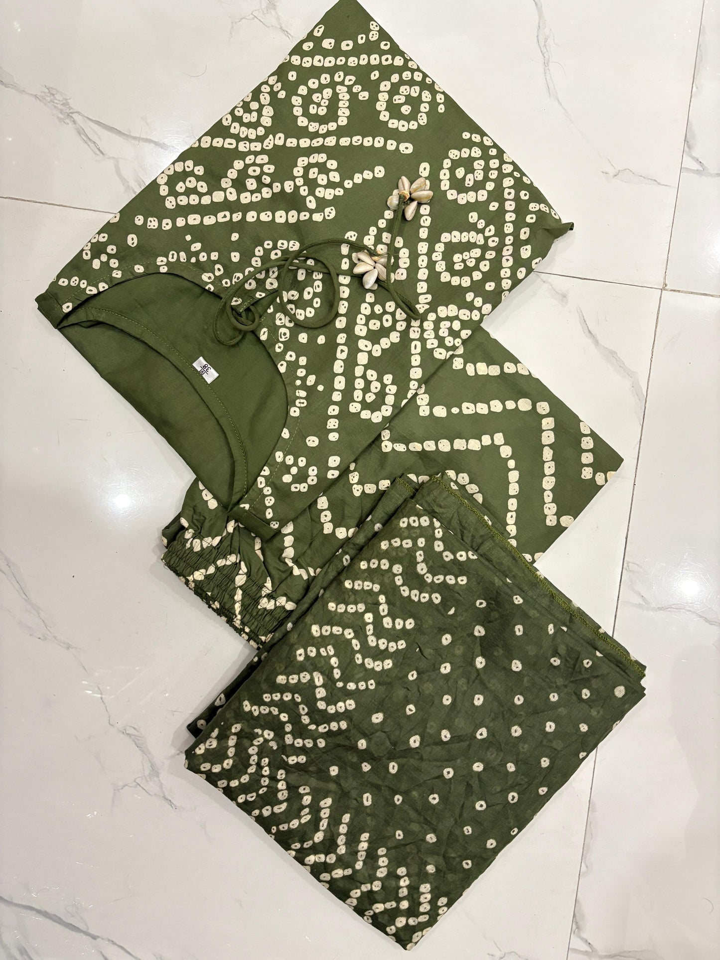 Olive Green Cotton Bandhani Kurti Pant Dupatta Set with Pocket