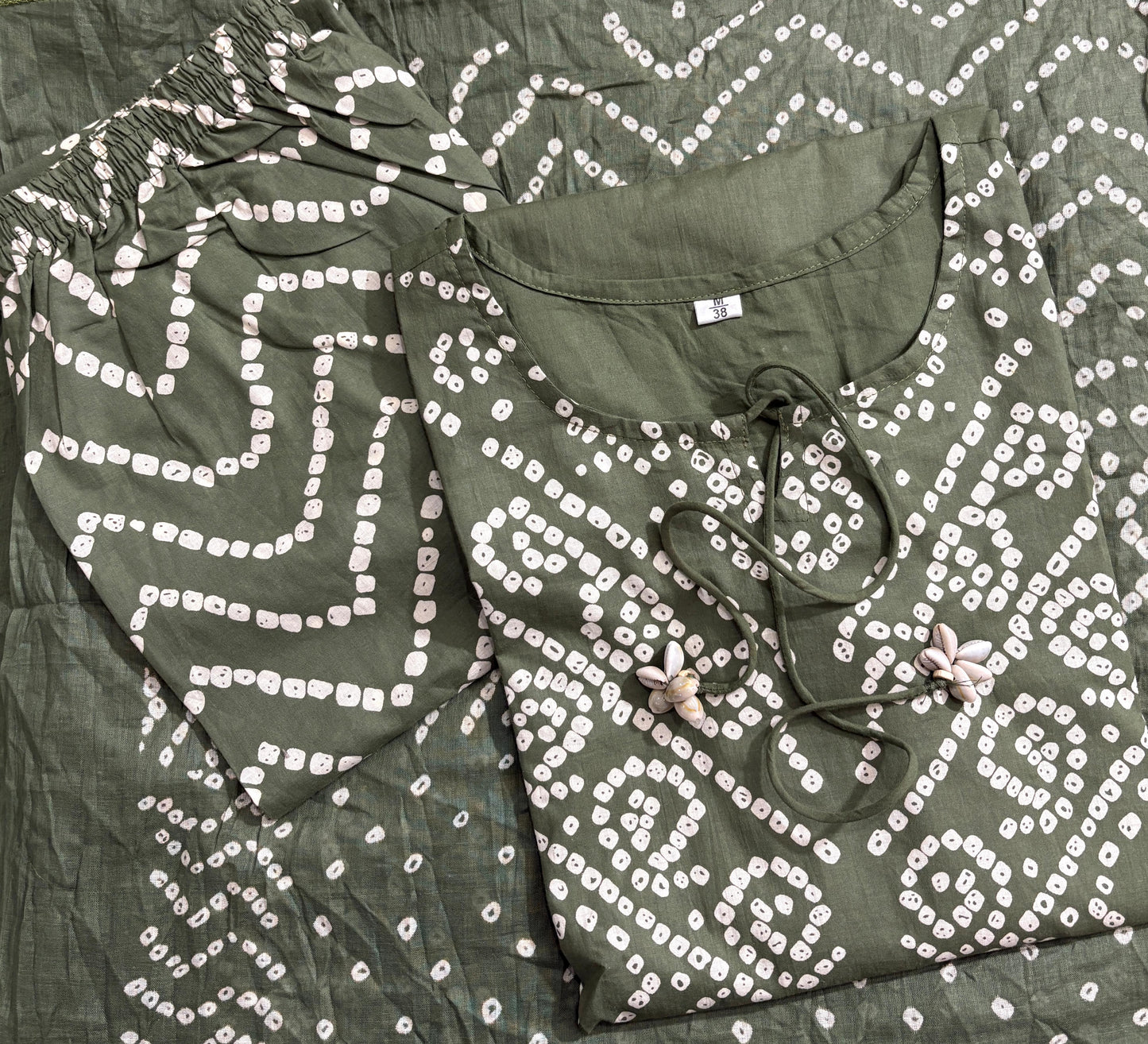 Olive Green Cotton Bandhani Kurti Pant Dupatta Set with Pocket
