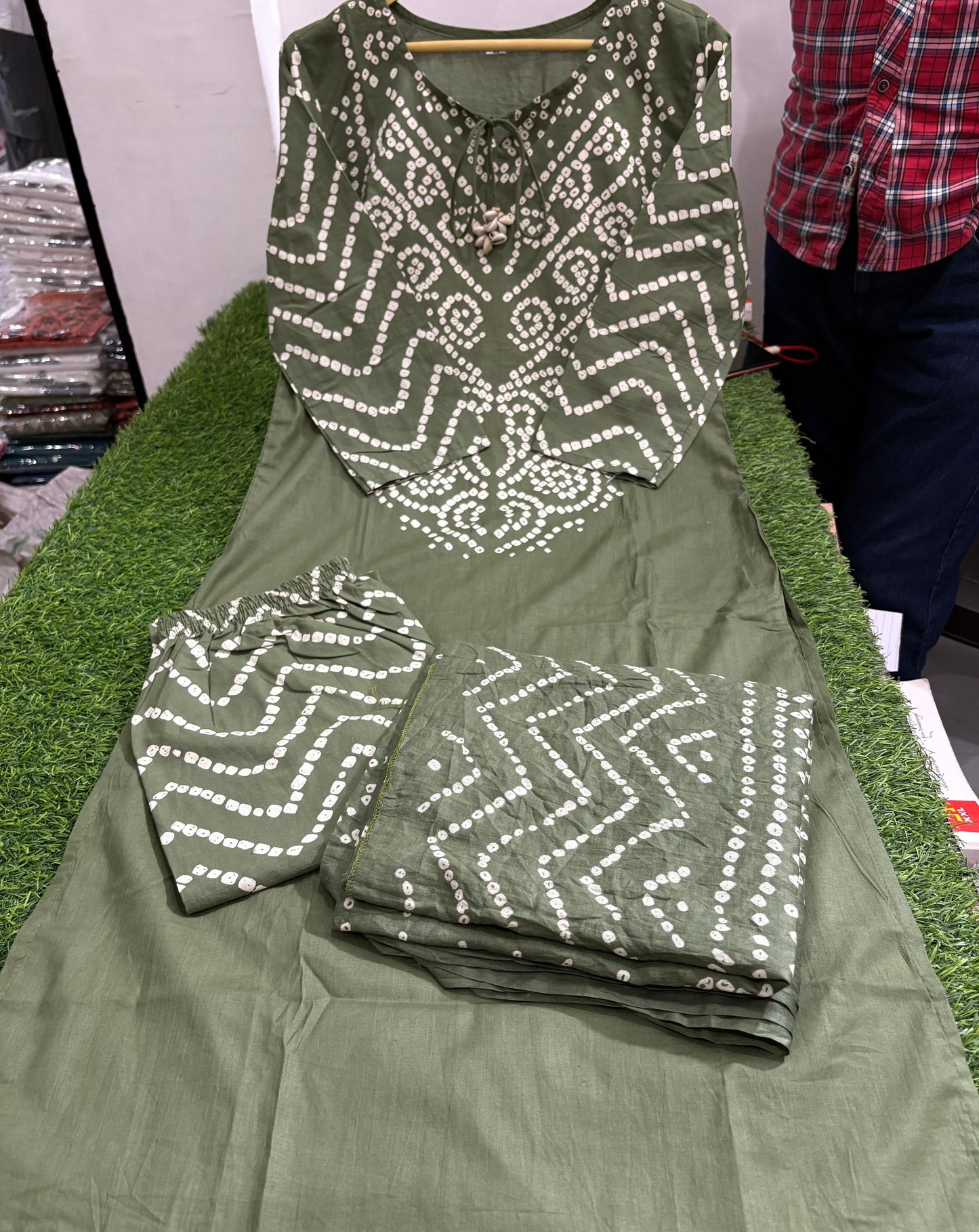 Olive Green Cotton Bandhani Kurti Pant Dupatta Set with Pocket