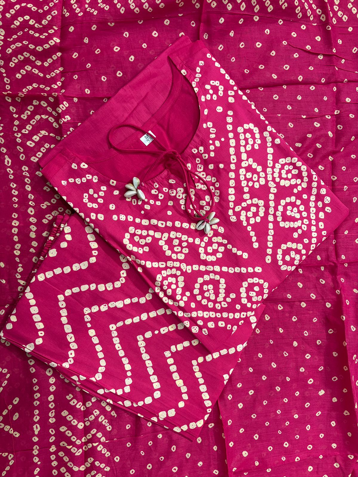 Pink Cotton Bandhani Kurti Pant Dupatta Set with Pocket