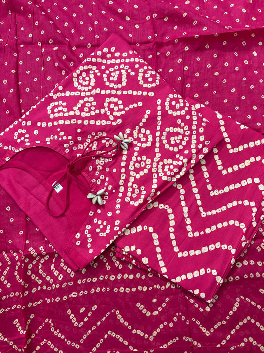 Pink Cotton Bandhani Kurti Pant Dupatta Set with Pocket