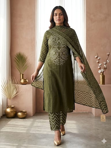 Olive Green Cotton Bandhani Kurti Pant Dupatta Set with Pocket