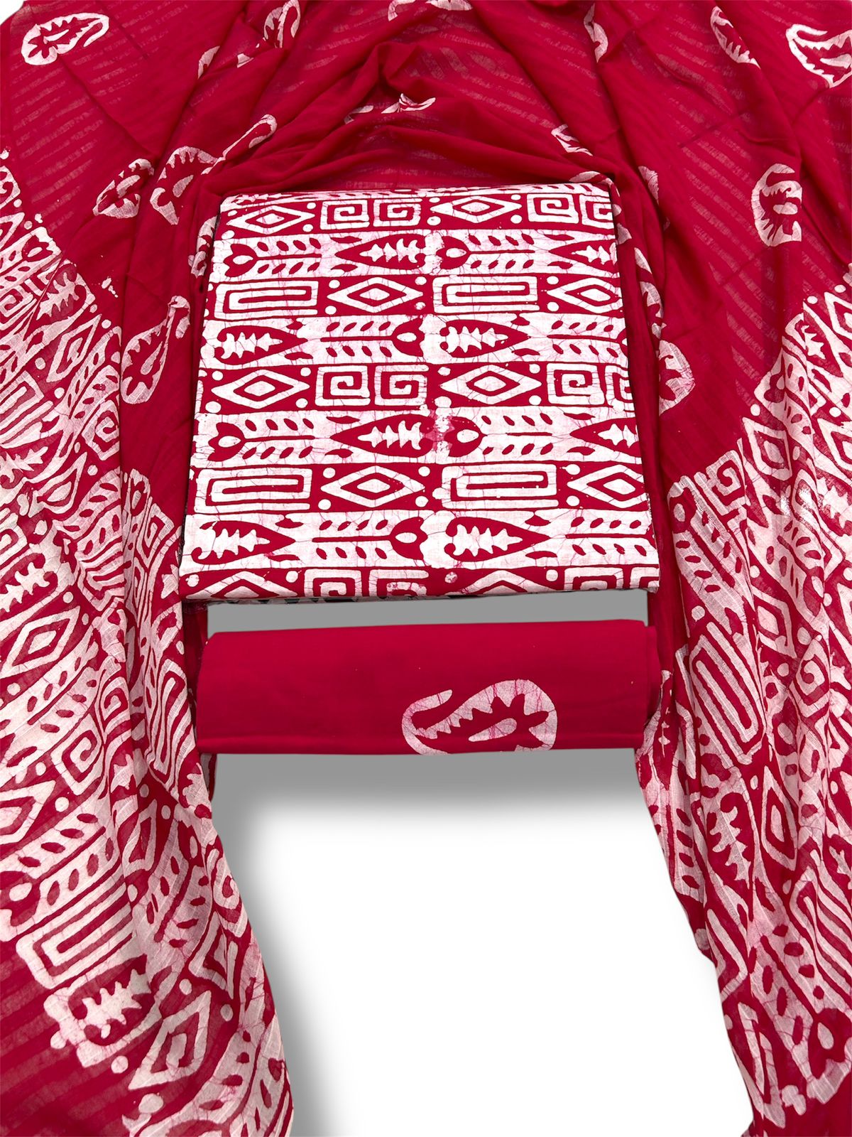 Cotton Bandhani Unstitched Suit Set – Red Printed Kurti with Dupatta & Bottom