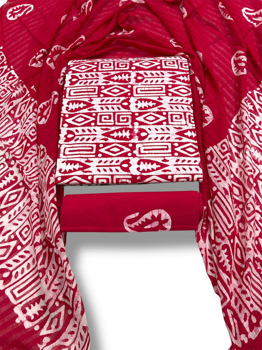 Cotton Bandhani Unstitched Suit Set – Red Printed Kurti with Dupatta & Bottom