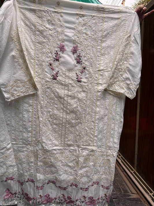 White Chikankari Kurti with Habuta Print Kota Doria Dupatta Unstitched Set