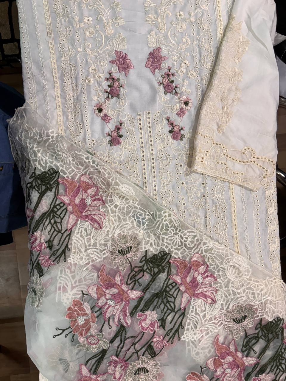 White Chikankari Kurti with Habuta Print Kota Doria Dupatta Unstitched Set