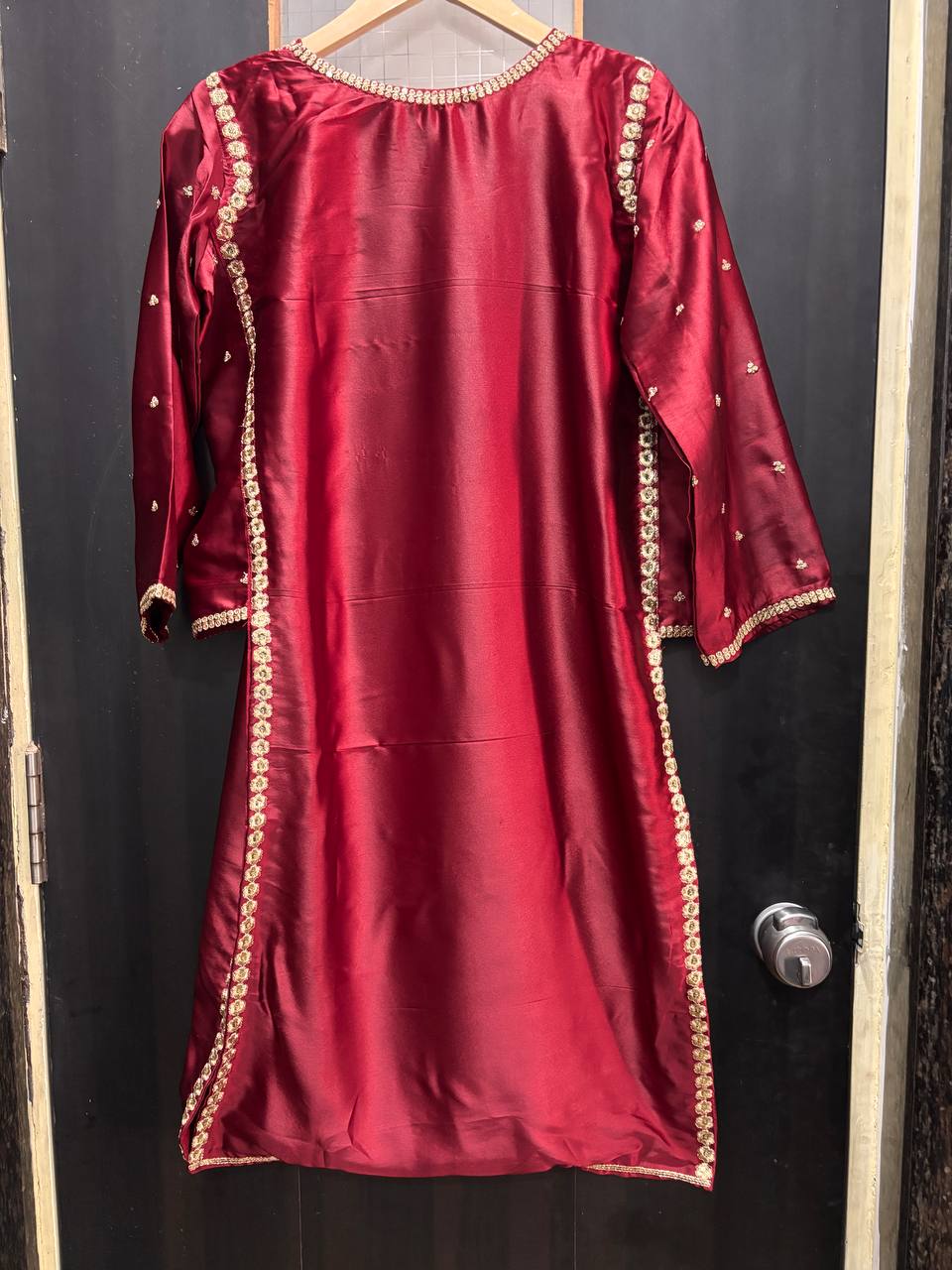 Wine Silk Kurta Pant Set with Organza Dupatta & elegant zari embroidery