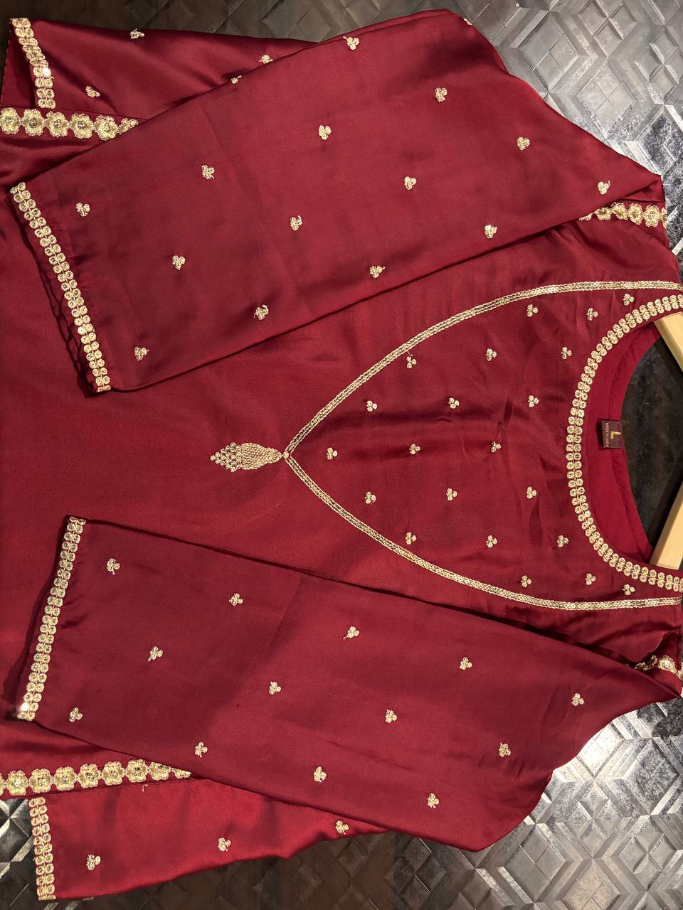 Wine Silk Kurta Pant Set with Organza Dupatta & elegant zari embroidery