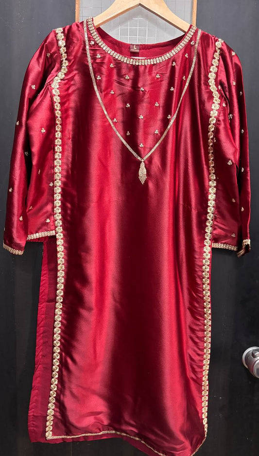 Wine Silk Kurta Pant Set with Organza Dupatta & elegant zari embroidery
