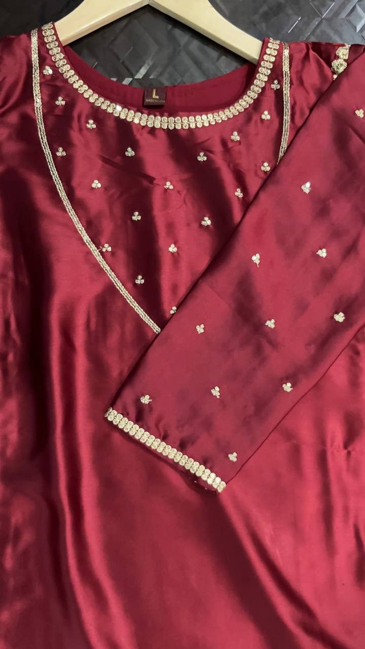 Wine Silk Kurta Pant Set with Organza Dupatta & elegant zari embroidery