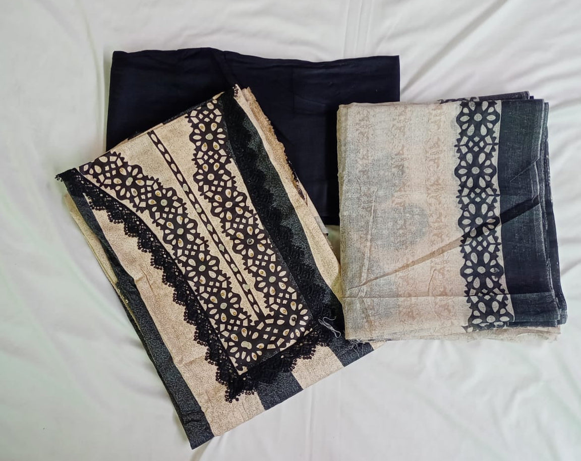 Noir Beige Floral Rayon Cotton Unstitched Suit Set with Dupatta