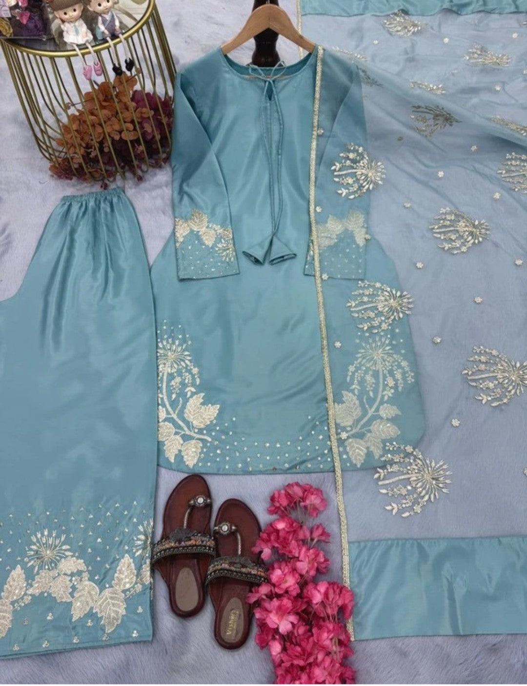 Aqua Blue Embroidered Farshi Suit Set