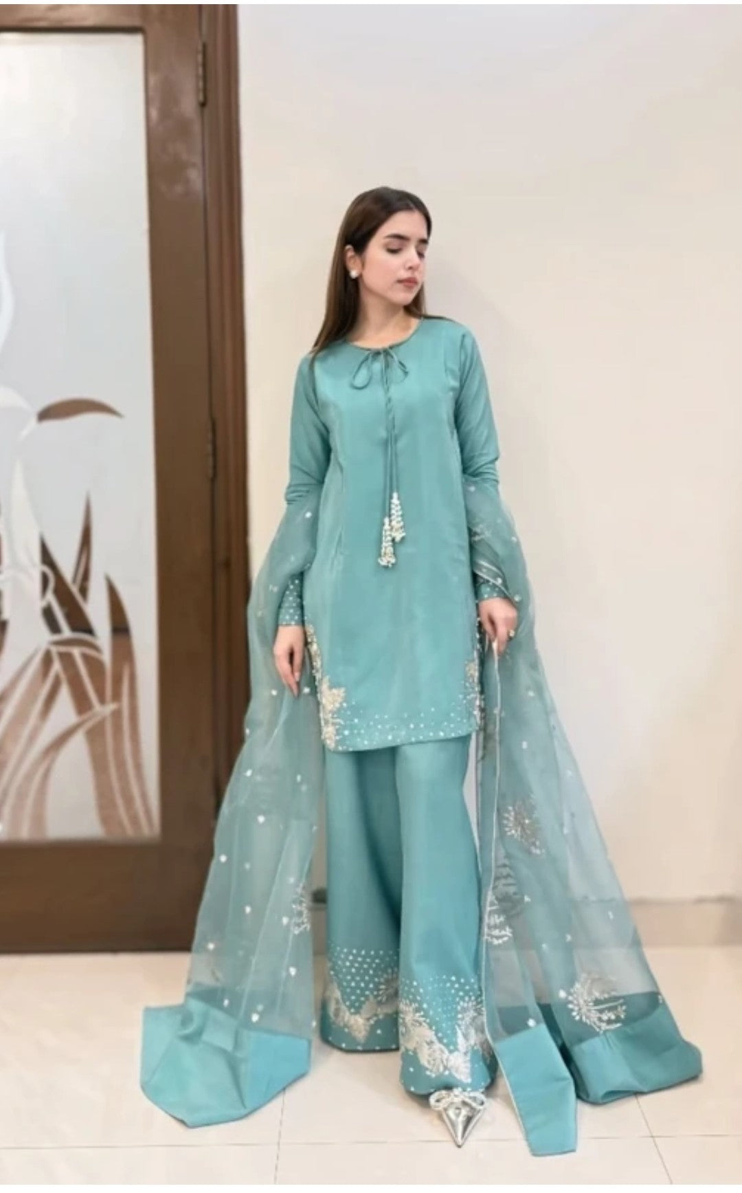 Aqua Blue Embroidered Farshi Suit Set
