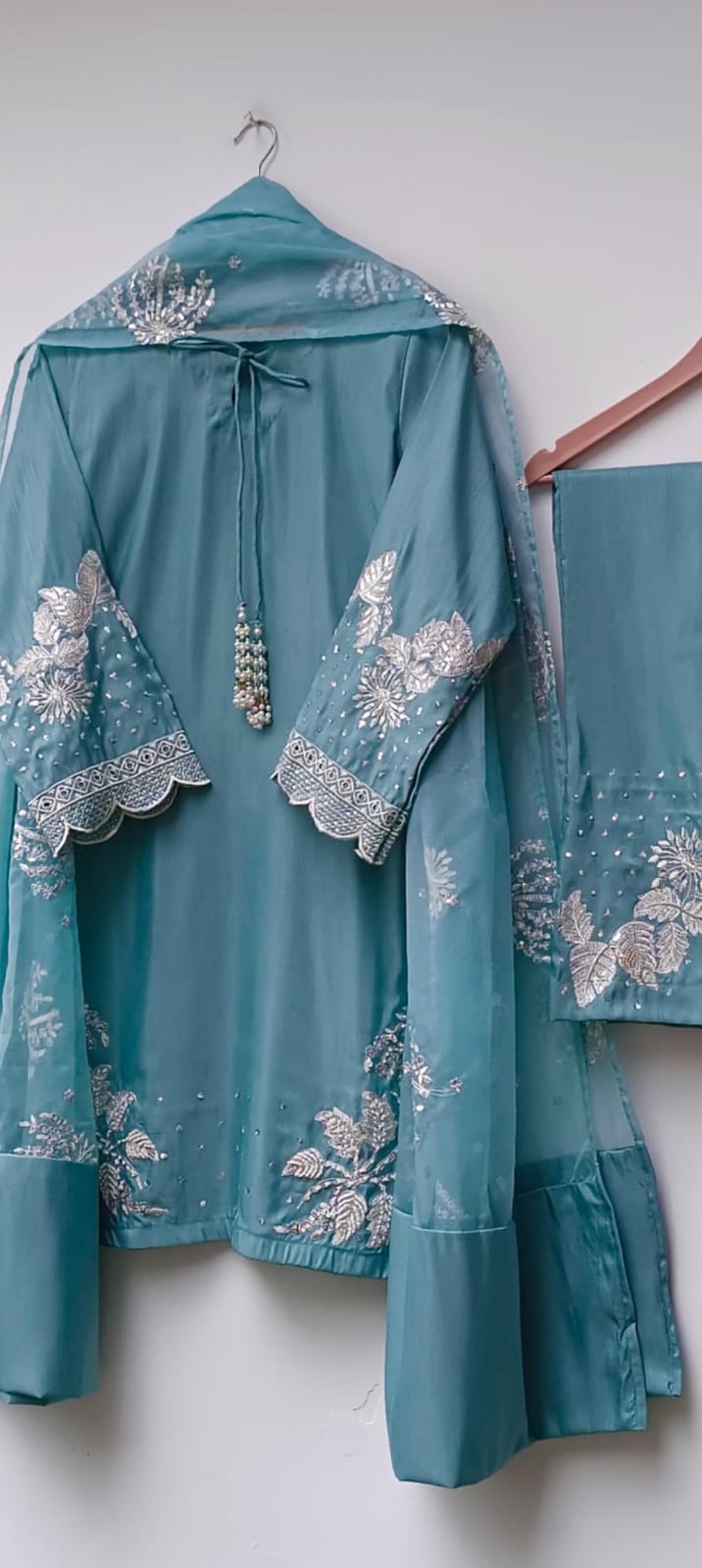 Aqua Blue Embroidered Farshi Suit Set