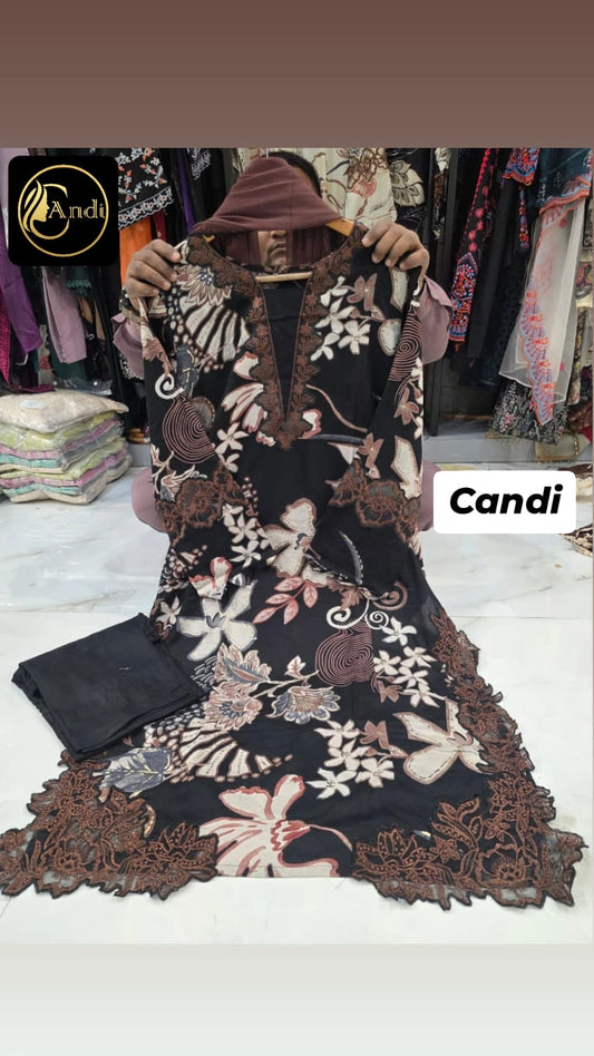 Coffee Black- Floral Cutwork Suit Set