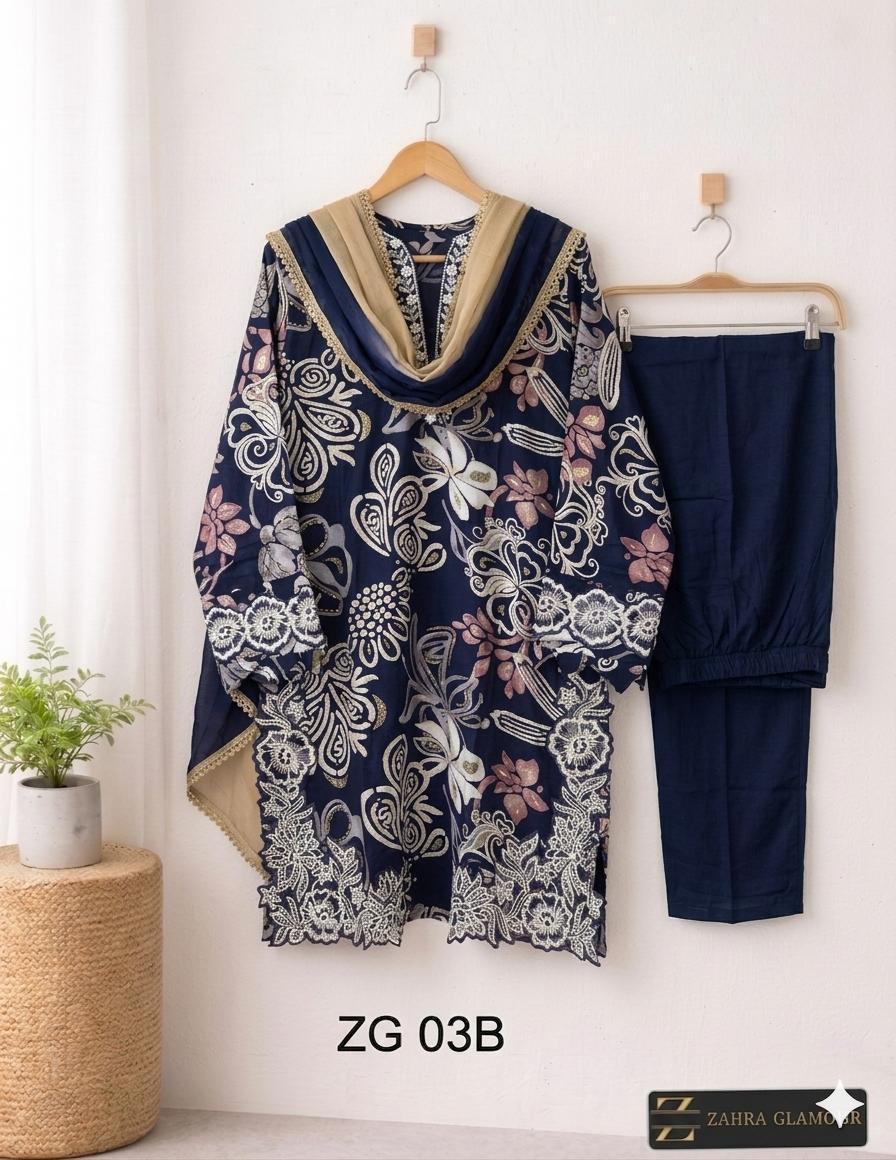 Ink Blue- Floral Cutwork Suit Set