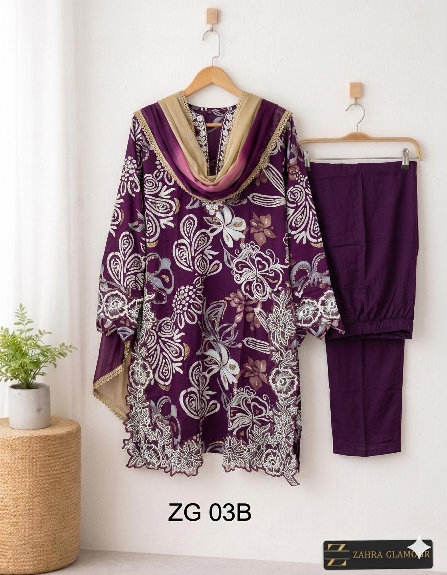 Royal Plum- Floral Cutwork Suit Set