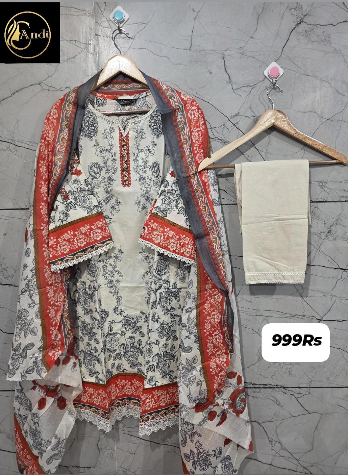Lawn Suit Set – Cream Rust Floral