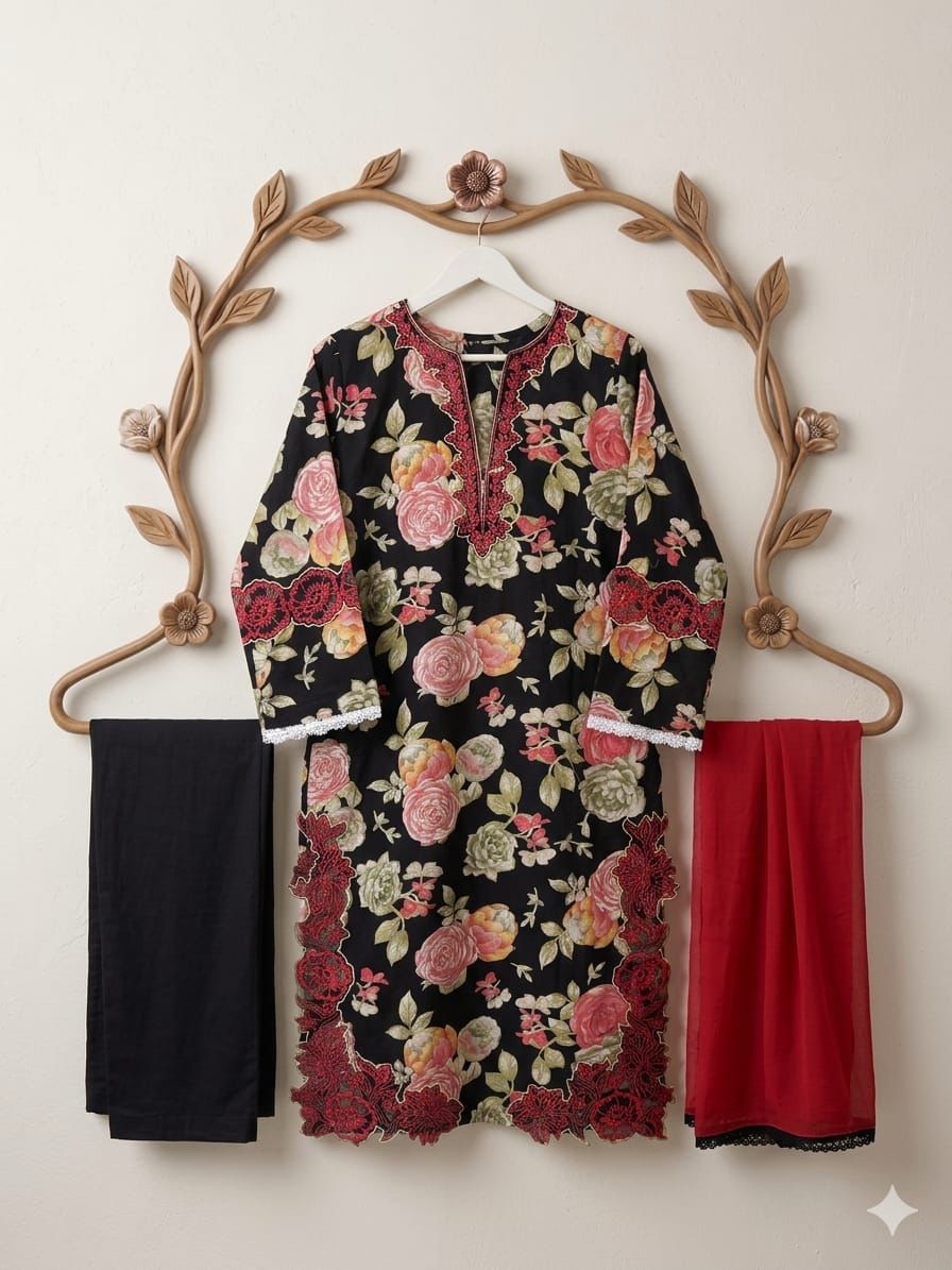Black Rose- Floral Cutwork Suit Set