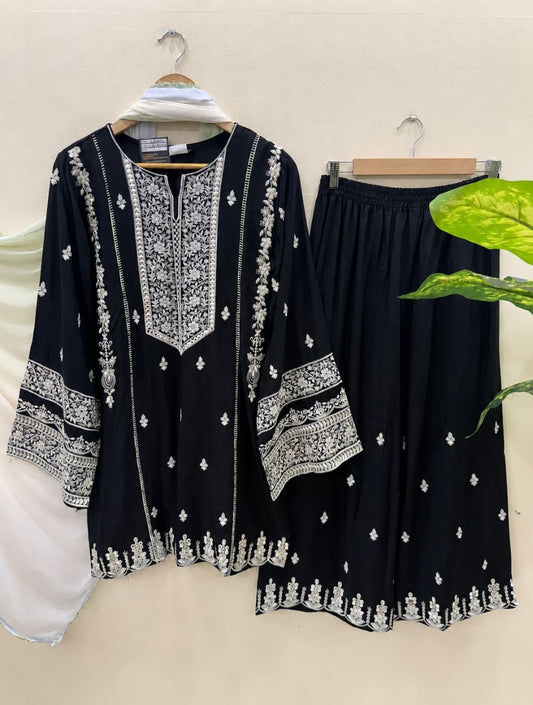 Embroidered Short Kurti Palazzo Set-Black