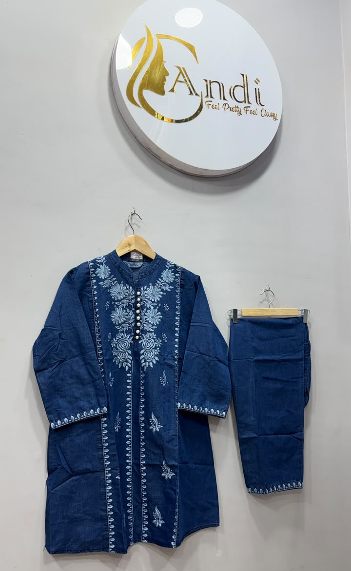 Navy Blue Floral Embroidered Kurti Pant Set
