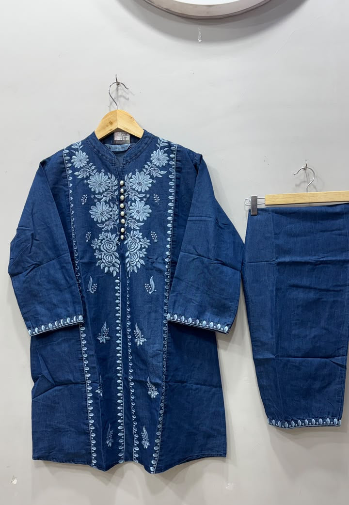 Navy Blue Floral Embroidered Kurti Pant Set