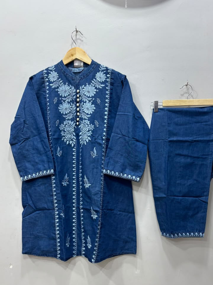 Navy Blue Floral Embroidered Kurti Pant Set
