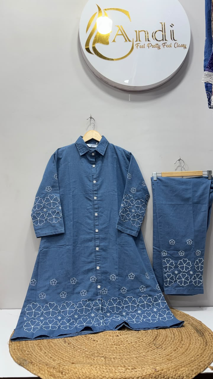 DENIM LIGHT BLUE  KURTI PANT CORD SET