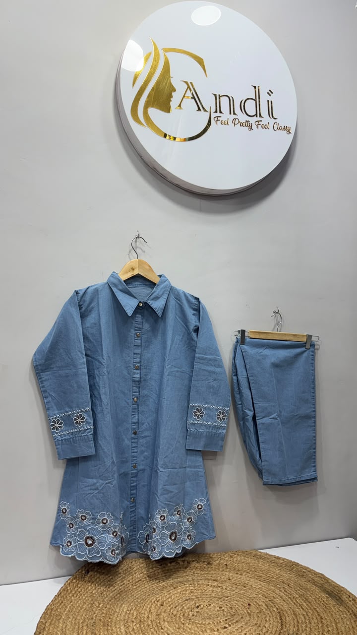 DENIM LIGHT BLUE  KURTI PANT CORD SET