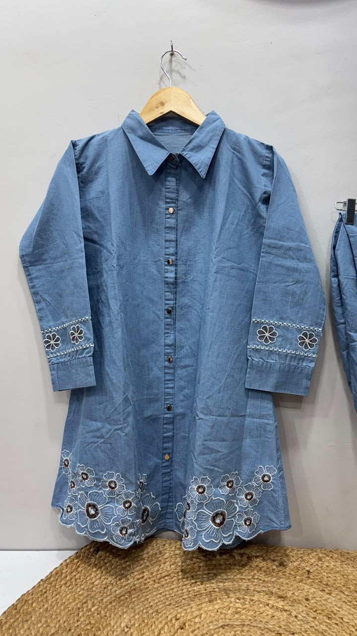 DENIM LIGHT BLUE  KURTI PANT CORD SET