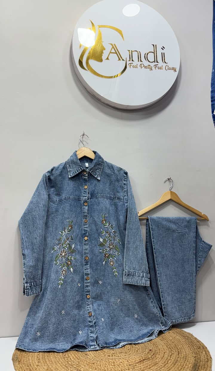 Sky Blue Floral Embroidered Denim Kurti with Pant Set
