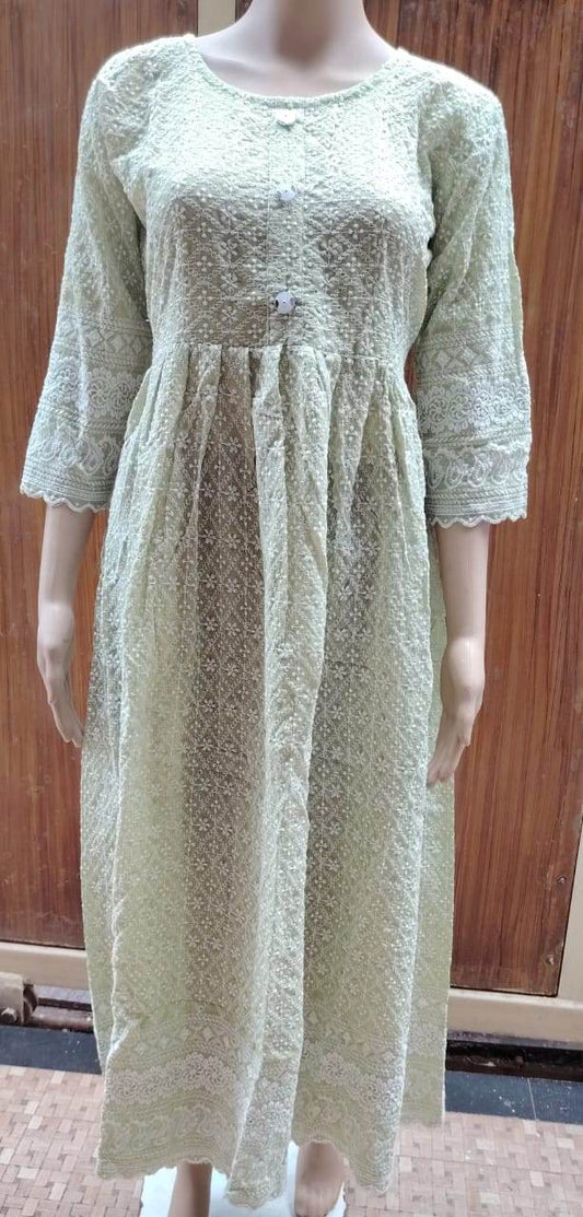 Pista Green Chikankari Frock Kurti - CandiRobes