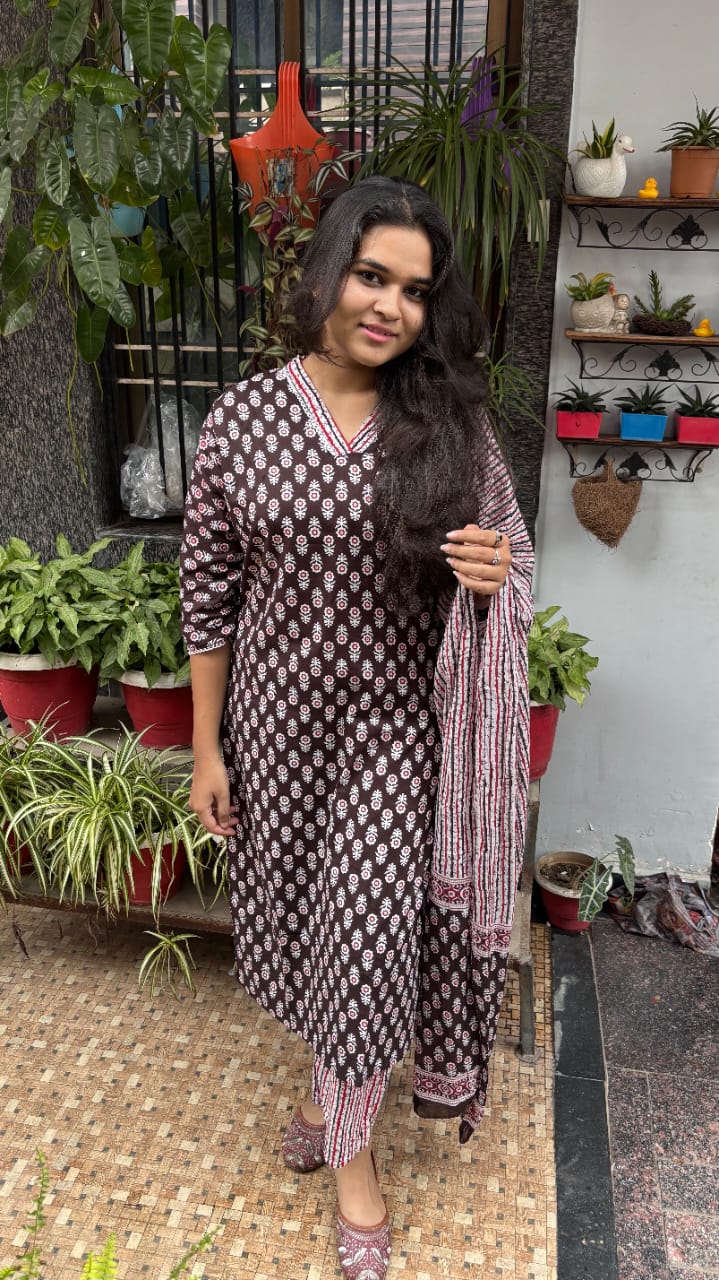 Chocolate Maroon Jaipuri Cotton Dupatta Set