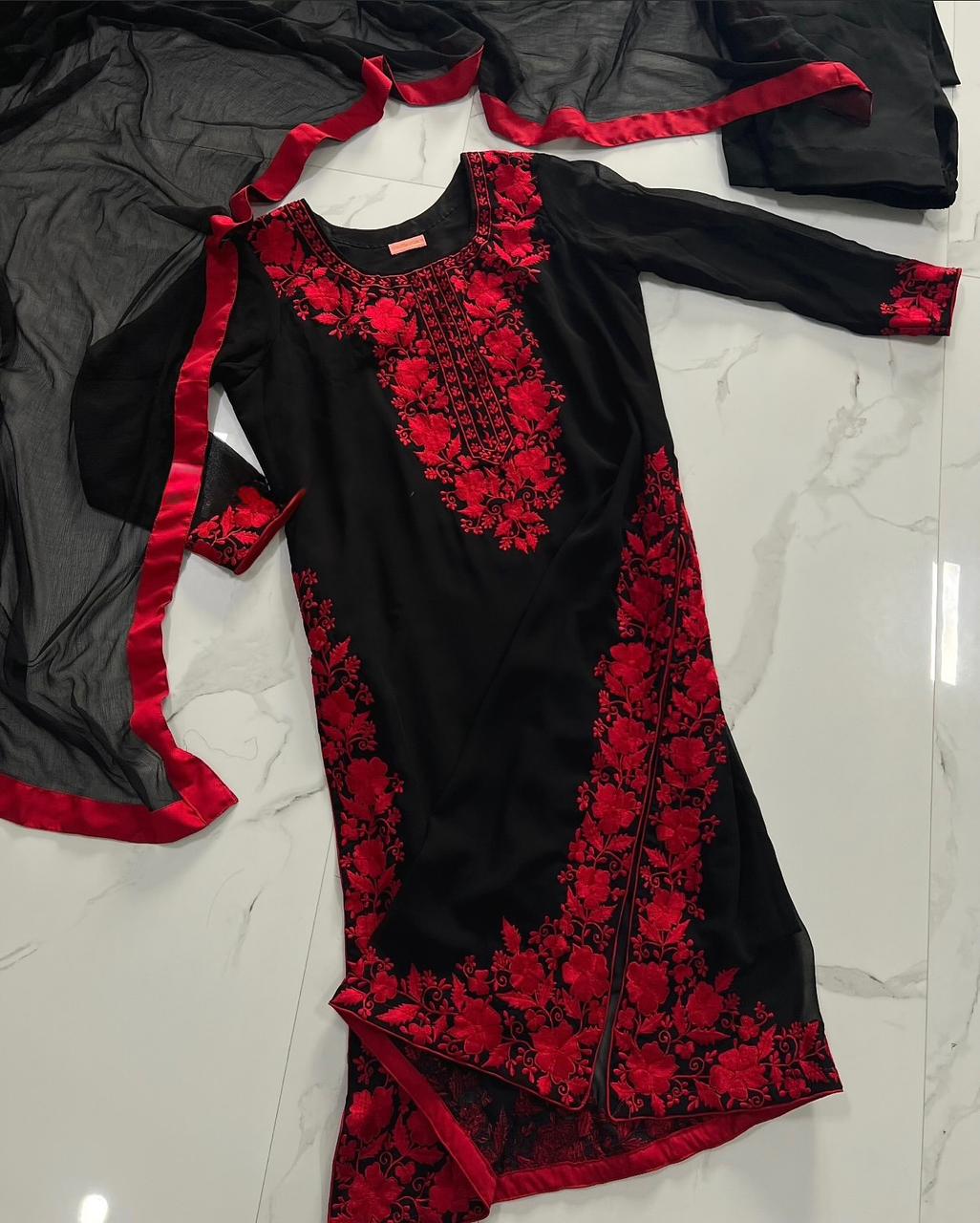 Saiyaara Red & Black Embroidery Kurti Pant Dupatta Set
