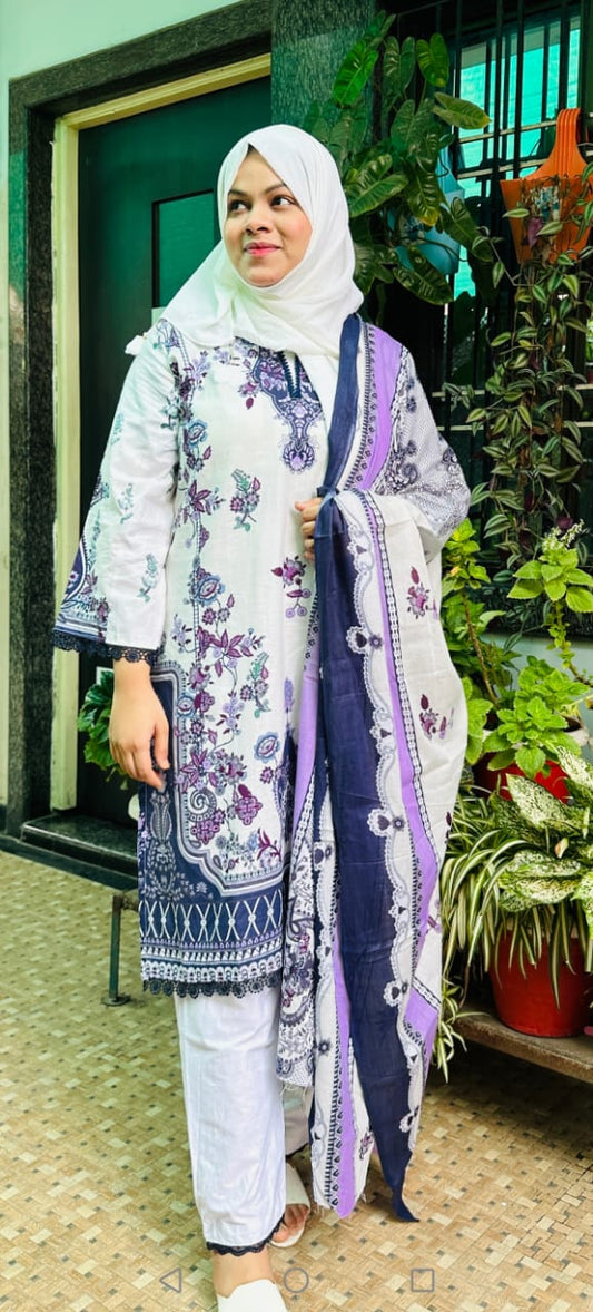 Soft Off-White Base & Deep Purple Floral  Digital printed cotton kurti pant dupatta set