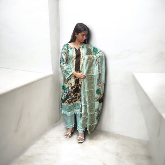 Soft Pistachio Green with Multicolor Floral Digital Print kurti pant dupatta set