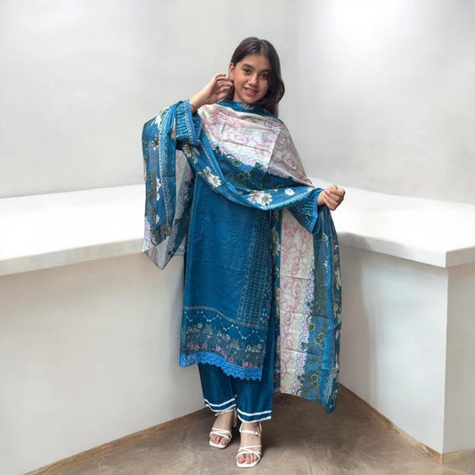 Blue Digital Print Cotton Kurti Pant Dupatta Set