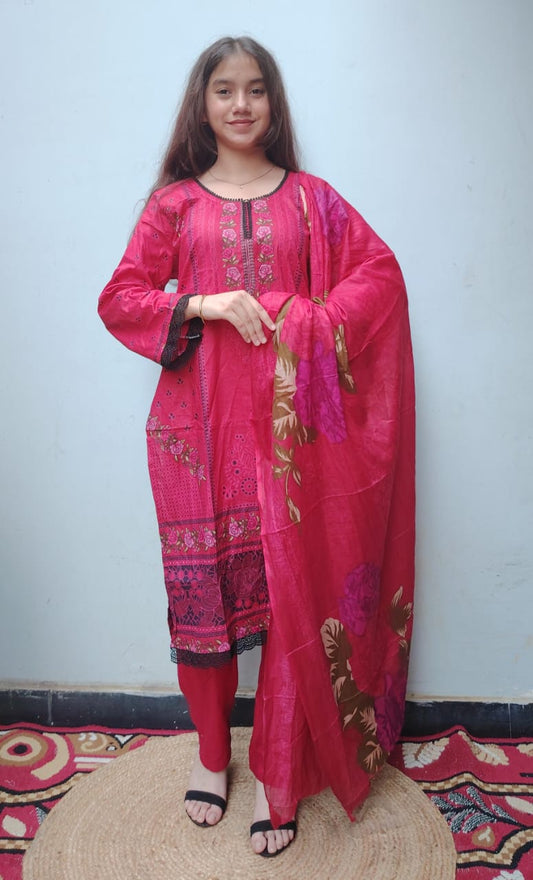 Maroon Digital Printed Kurti Pant Dupatta Set