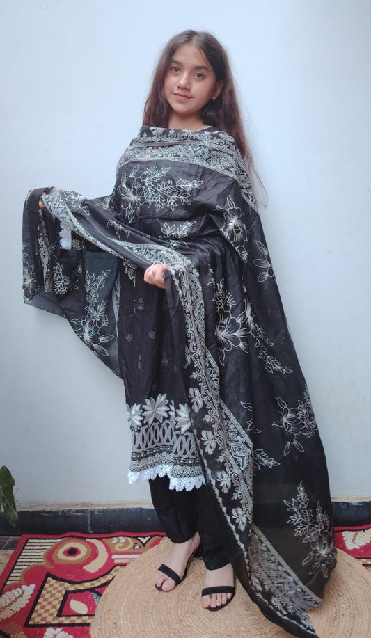 Black white Digital Print Kurti Pant Dupatta Set