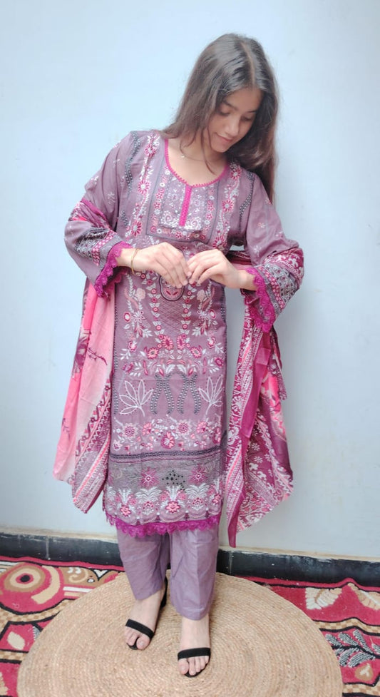 Wine Purple Digital Print Kurti Pant Dupatta Set