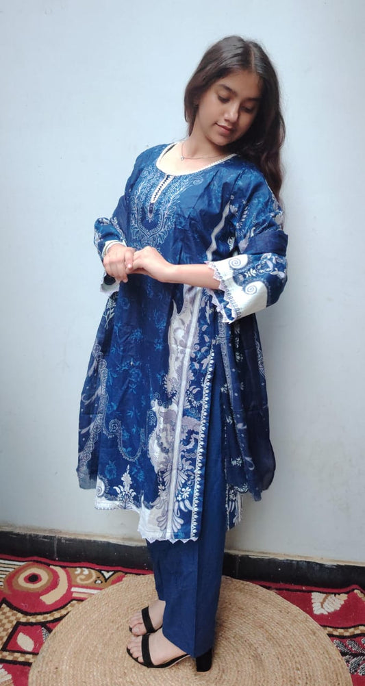 Blue Digital Print Kurti Pant Dupatta Set,
