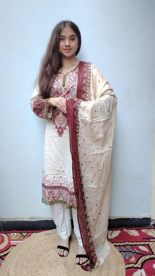 Cream Red Digital Print Kurti Pant Dupatta Set,